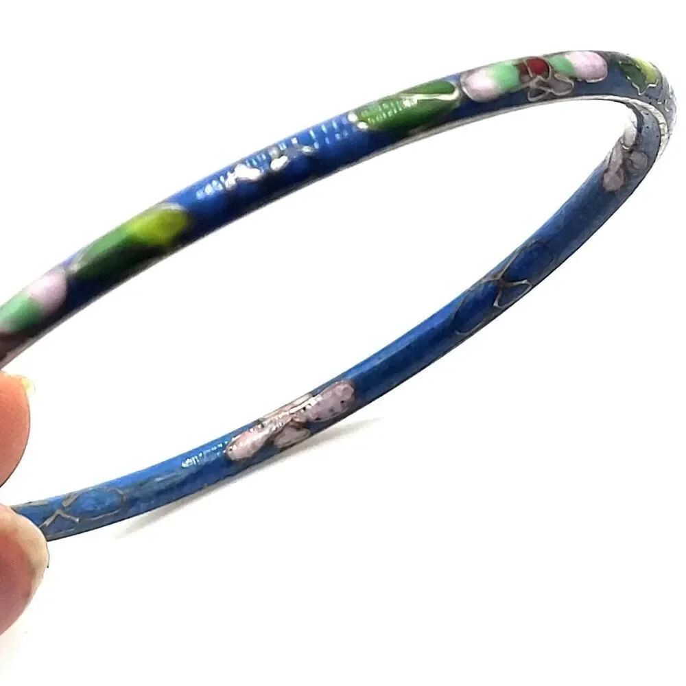 Vintage Blue Floral Cloisonné Enamel Bangle Bracelet 2.6in Dia